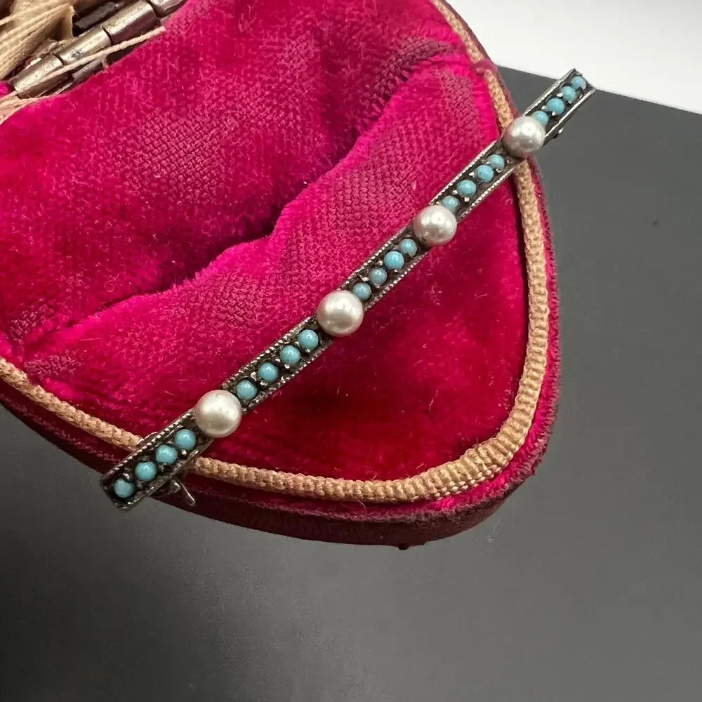 Antique Sterling silver Faux Turquoise and Pearl Bar pin Brooch